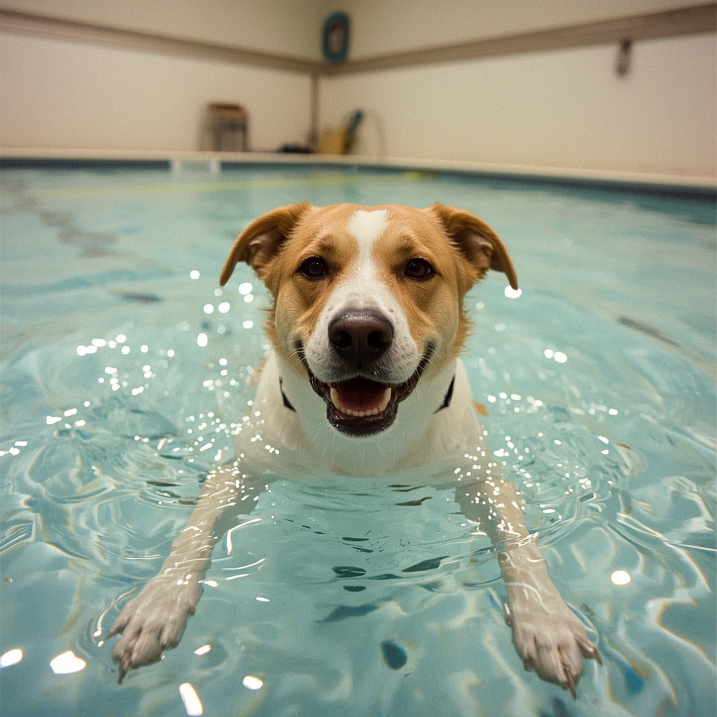 Happy dog swimming in the Red Dog luxury pool